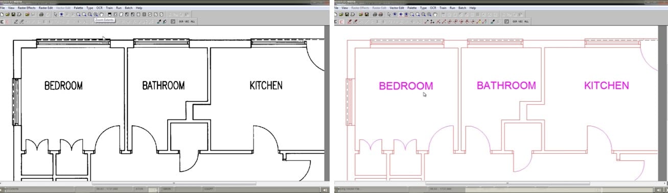 Floorplan before and after DXF Conversion - Raster to Vector - Scan2CAD