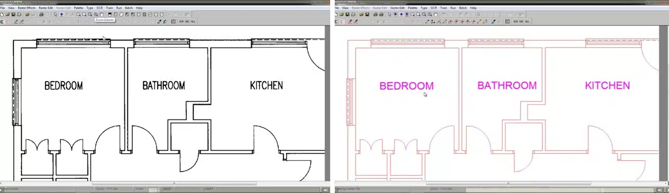 Floorplan before and after DXF Conversion - Raster to Vector - Scan2CAD