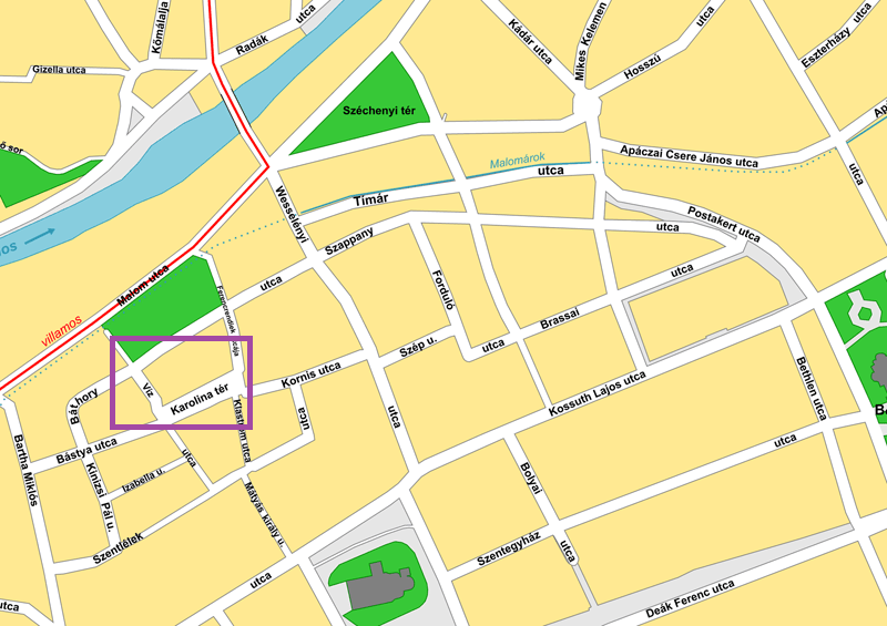 Vector map of Cluj-Napoca, Romania (Hungarian labels), with purple box highlighting area of zoom