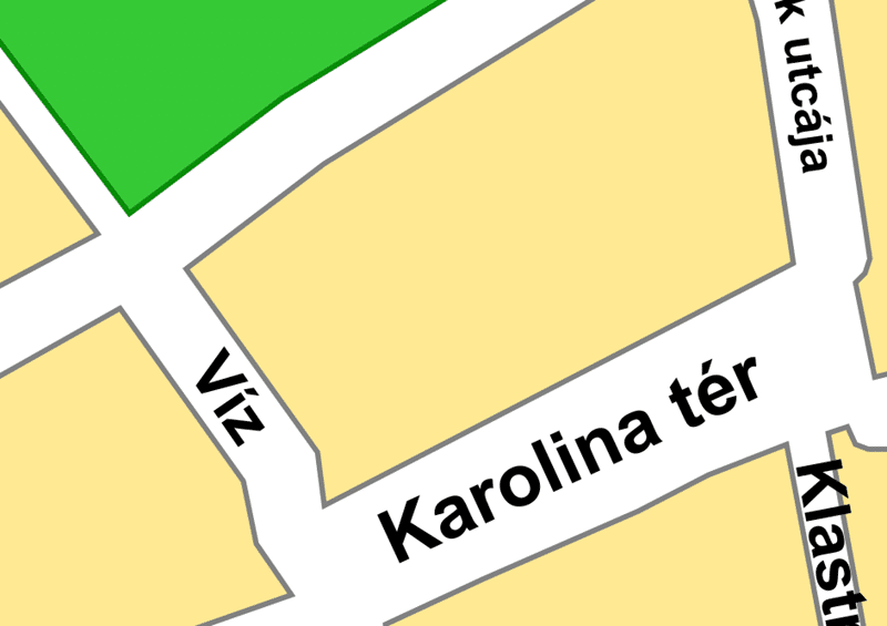 Vector map of Cluj-Napoca, Romania (Hungarian labels) zoomed in on Karolina tér/Piața Muzeului