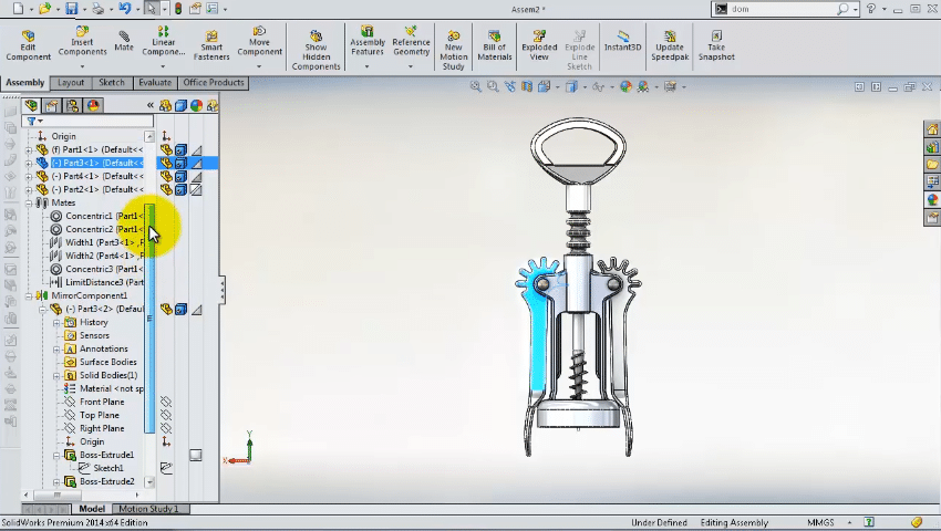 Solidworks CAD model of a corkscrew bottle opener