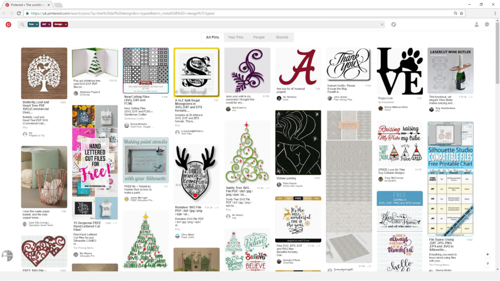 Screenshot of searching for DXF files on Pinterest