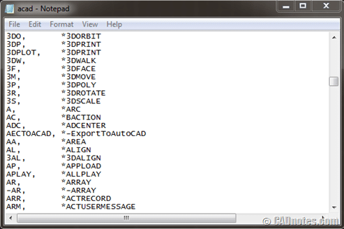 AutoCAD command aliases in Notepad