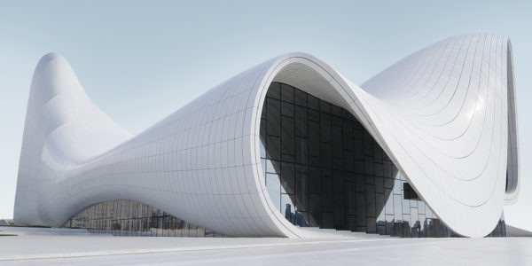 The Zaha Hadid-designed Heydar Aliyev Center in Baku, Azerbaijan, is noted for its curved style