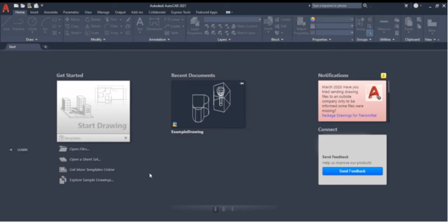 AutoCAD 2021 Interface and Start Page