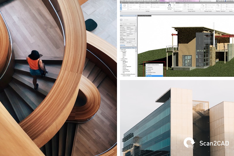 Collage with staircase, BIM screenshot and large glass building