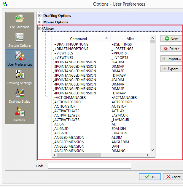 Screenshot of customizing commands in DraftSight