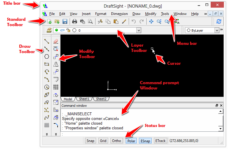 DraftSight windows interface with labels