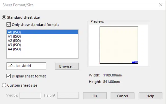 Sheet Format/Size Window on SolidWorks