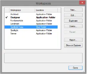 Screenshot of managing workspaces in Vectorworks