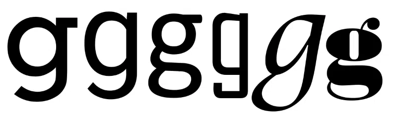 Lowercase letter g in six fonts