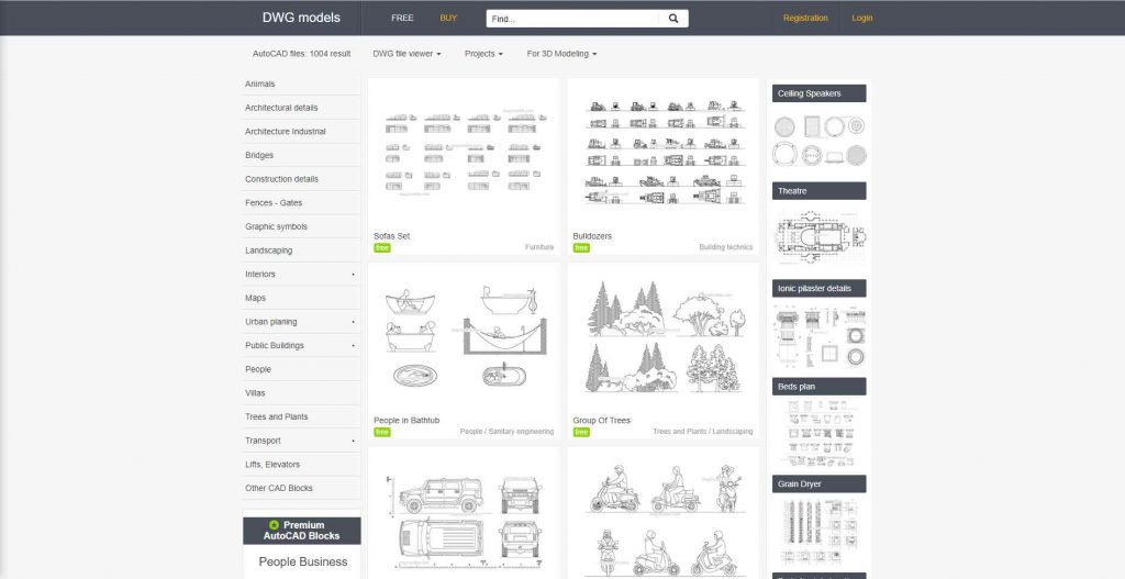 Screenshot of DWG models catalog