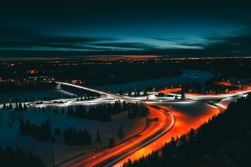 Car motorway lights at night