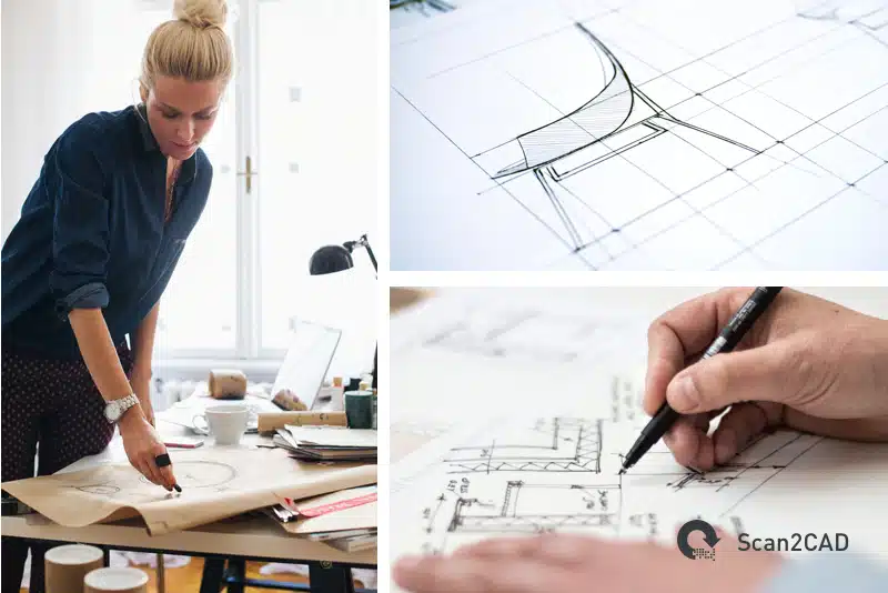 A woman hand drawing a product, a hand drawn furniture design, an architect drawing a design