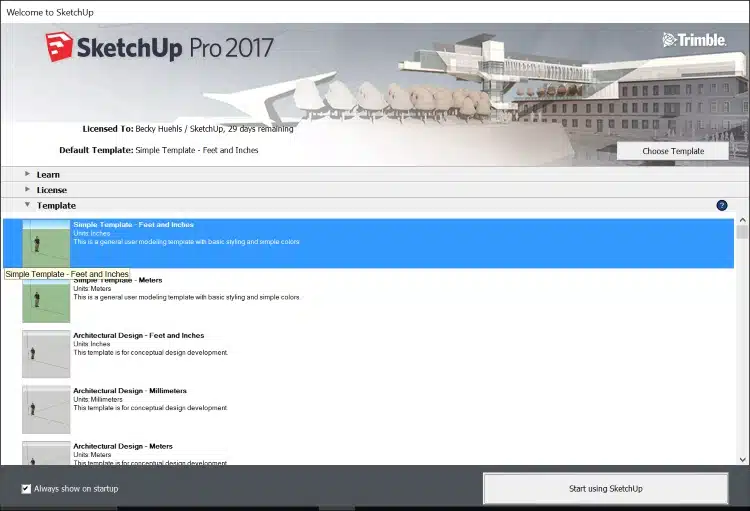 Screenshot of SketchUp's welcome