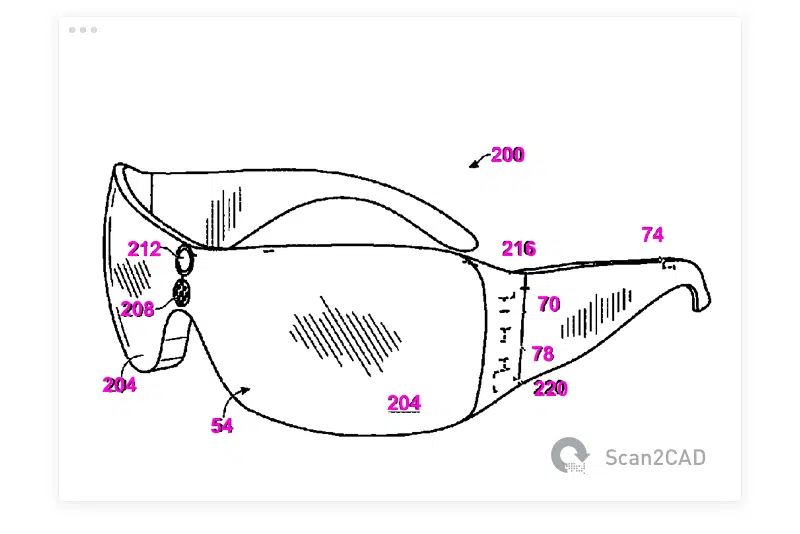 Glasses patent drawing with text converted using OCR