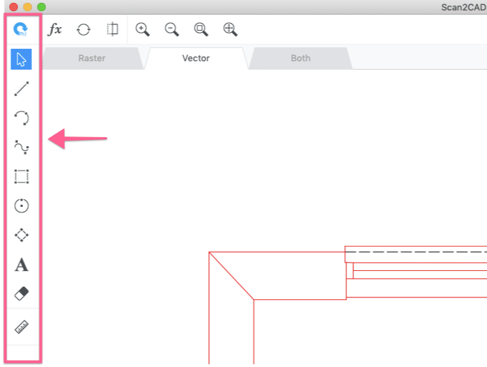 The reduced-size left toolbar in Scan2CAD