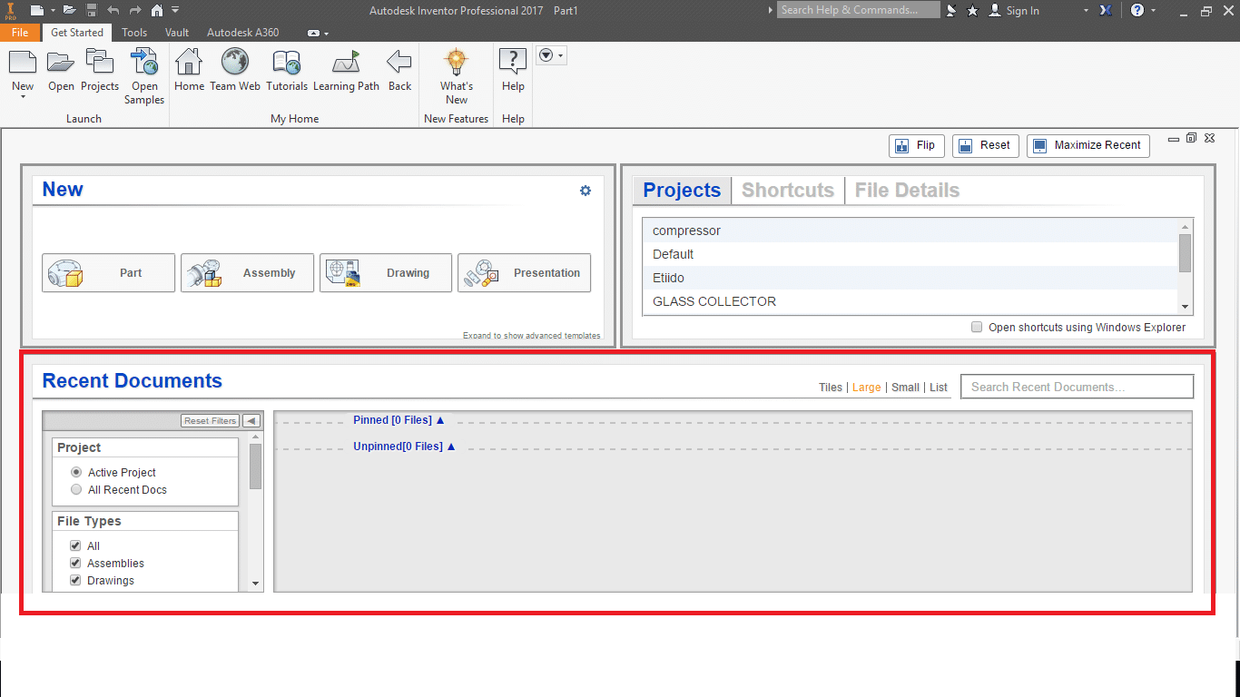 Autodesk Inventor launch screen, recent documents area