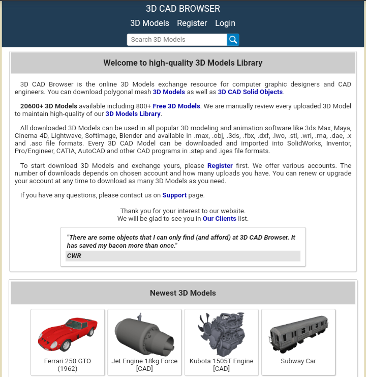 3D CAD browser website screenshot