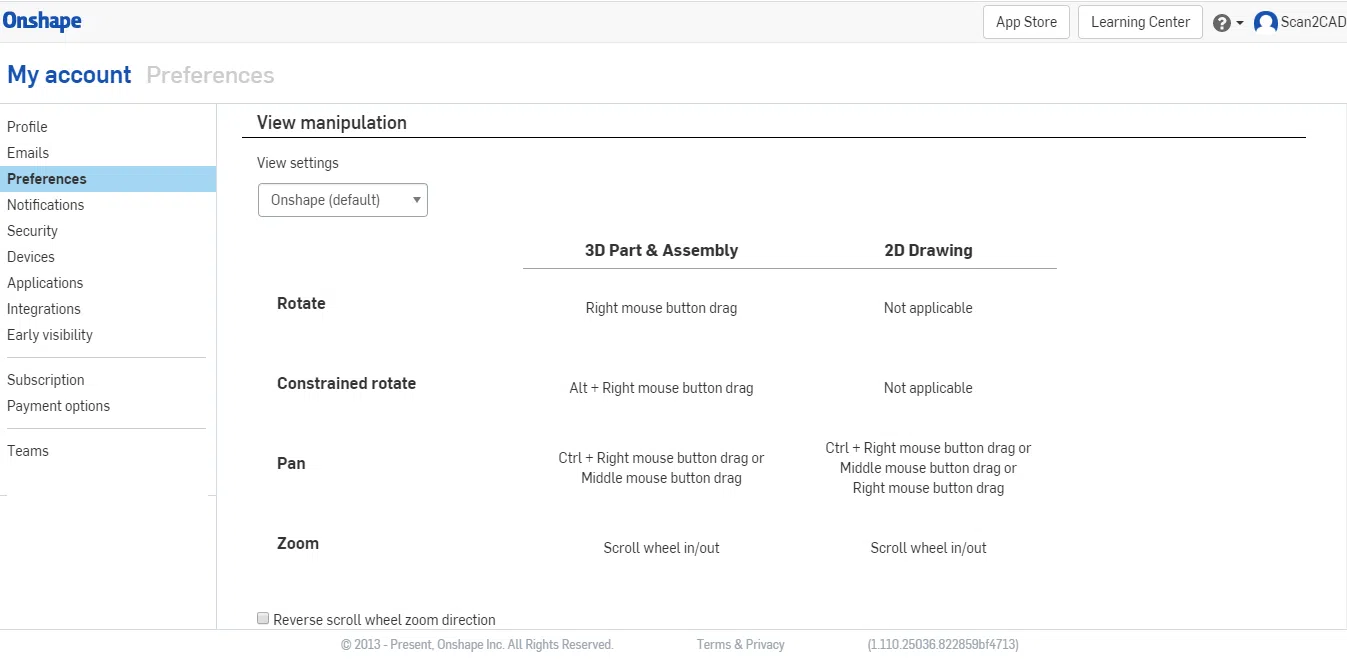 Onshape settings and view