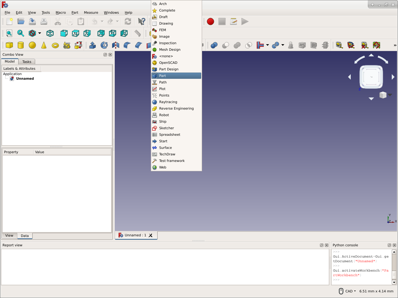 FreeCAD drop-down list of workbenches