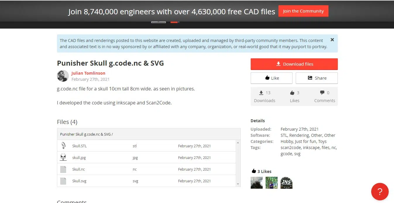 A .nc G-Code file for a punisher skull on GRABCAD