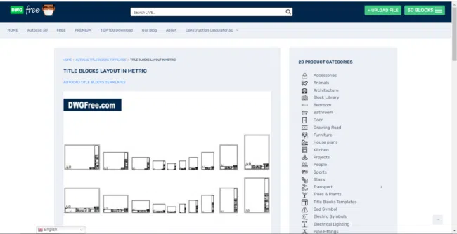 Black, gray and white preview of a title blocks layout in metric in dwgfree website