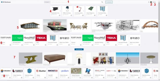 Different parts of the 3d warehouse main page