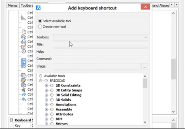 Add custom keyboard shortcut window on bricscad