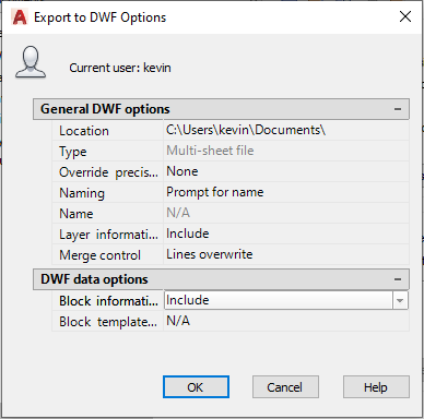 AutoCAD Export to DWF Options Window