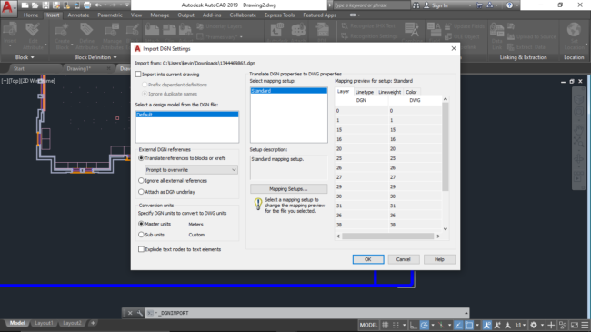 AutoCAD Import DGN Settings Window