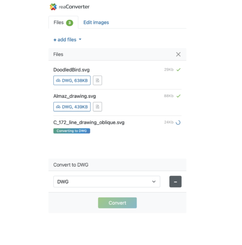 Interface of the Online ReaConverter (SVG to DWG Converter)
