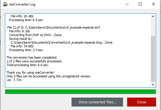 ReaConverter DWF to DWG Conversion Log