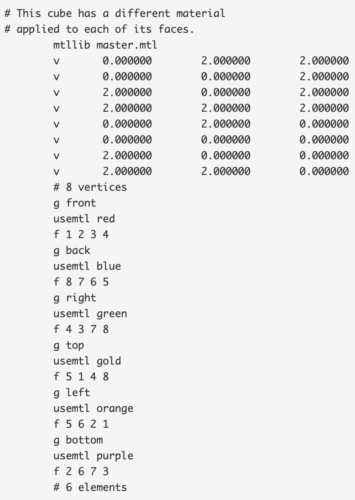 Example of an OBJ file for a cube that has different colors