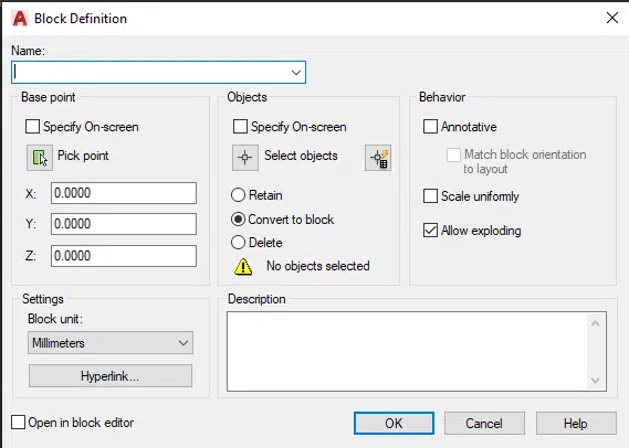 Block Definition Dialog Box in AutoCAD