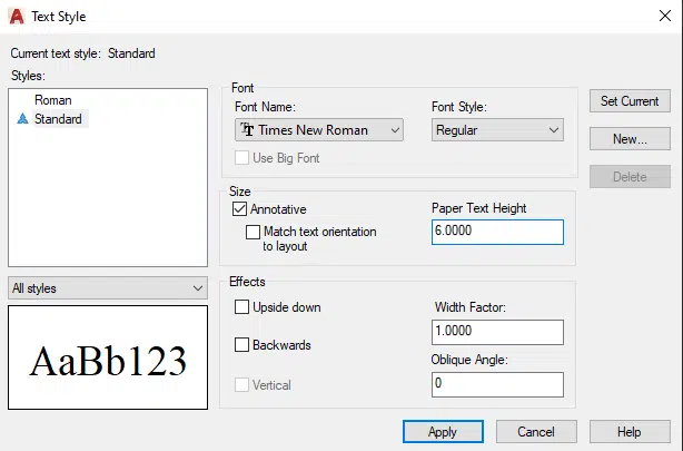 Text Style Dialog Box in AutoCAD