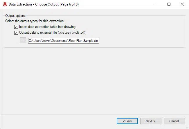 Data Extraction Wizard’s Choose Output Page in AutoCAD