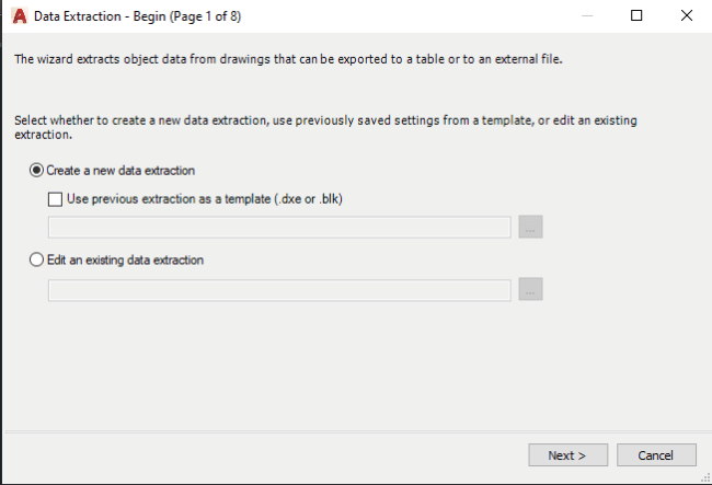 Data Extraction Wizard's Begin Page in AutoCAD