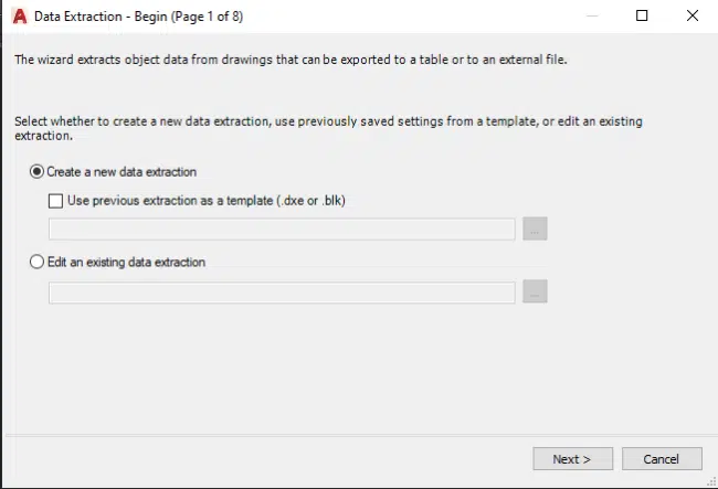 Data Extraction Wizard's Begin Page in AutoCAD