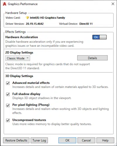 Graphics Performance Dialog Box in AutoCAD