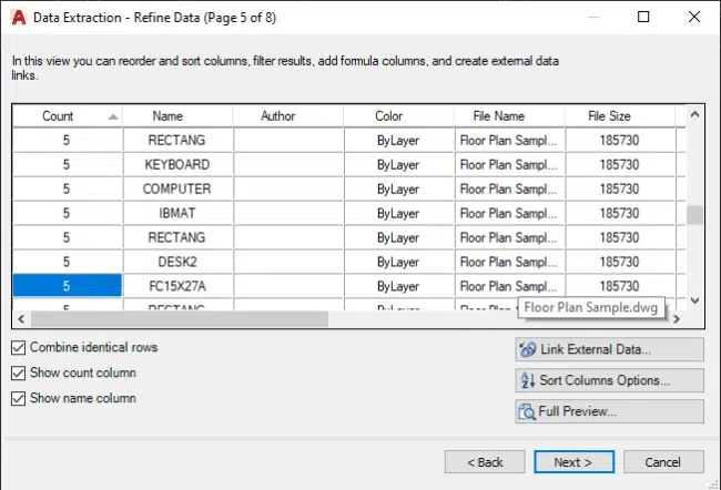 Data Extraction Wizard’s Refine Data Page in AutoCAD