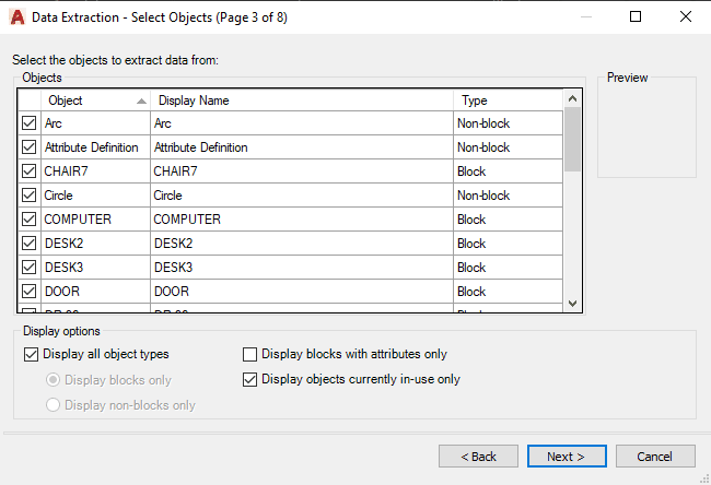 Data Extraction Wizard’s Select Objects Page in AutoCAD