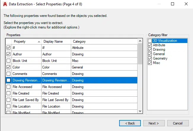 Data Extraction Wizard’s Select Properties Page in AutoCAD