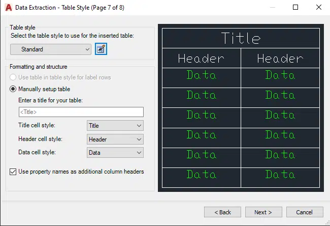 Data Extraction Wizard’s Table Style Page in AutoCAD