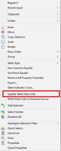 Menu showing Update Table Data Links option in AutoCAD
