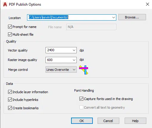 PDF Publish Options Dialog Box in AutoCAD