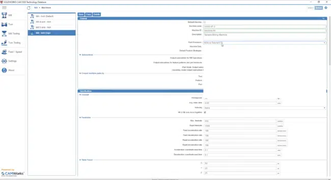 SolidWorks CAM Machine Database Dialog Box