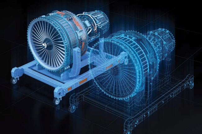A graphic illustrating a digital twin of an aircraft engine
